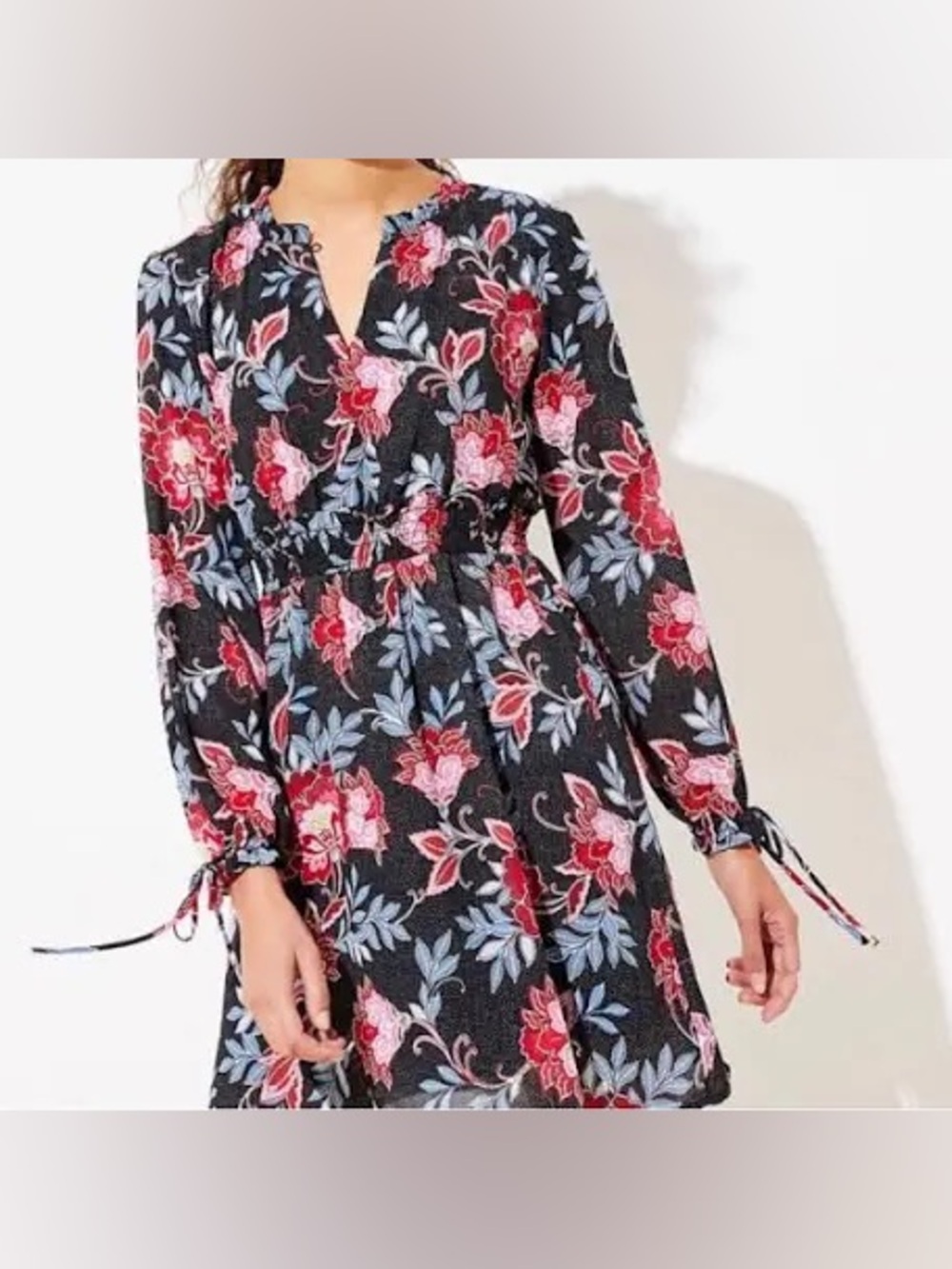 LOFT Black Floral Long-Sleeve Smocked-Waist Dress 6P
